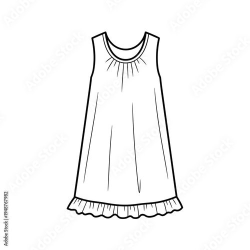 Illustration of a sleeveless cotton nightgown with ruffled hem, isolated on a white background, showcasing simple and elegant design