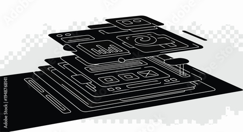 Stacked layers of abstract user interface elements represent a complex digital system, demonstrating website architecture, application development, or data organization within a technological context.