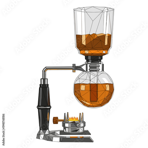 Geometric siphon coffee pot with angular design isolated on a white background, featuring transparent glass elements and metallic accents