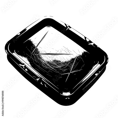 Scratched metal tray with visible wear and tear, isolated on a stark white background, highlighting its texture and rugged surface