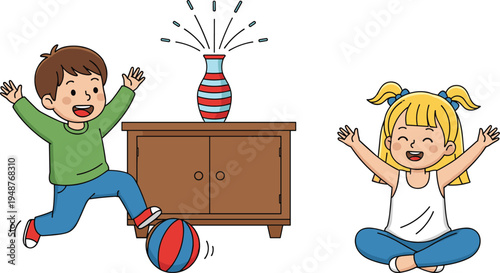 Kids playing ball indoors breaking vase accident, shocked children reaction, home safety concept, playful boy girl cartoon illustration scene