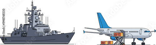 Military naval warship and cargo airplane logistics transport concept, sea and air freight transportation vector illustration