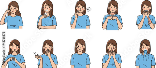 Woman showing sickness symptoms set, flu cold allergy cough fever nausea health problem cartoon character illustration collection