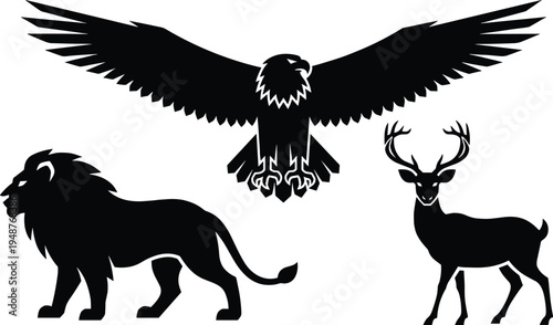 Silhouettes of lion, eagle with wings spread, deer with antlers, symbolic animals representing strength, freedom, grace, heraldry, logo vector illustration artwork