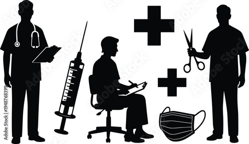 Silhouettes of healthcare professionals with stethoscope, clipboard, syringe, medical cross, face mask, scissors, hospital tools, medicine, safety, health vector illustration artwork