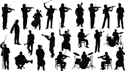 Silhouettes of musicians playing violin, cello, trumpet, flute, drums, double bass, orchestral ensemble, band performance, musical instruments vector illustration artwork design