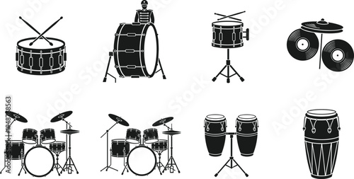Silhouettes of percussion instruments including drum kits, snare, bass, tom‑tom, cymbals, conga drums, marching band, orchestral music, vector illustration artwork design