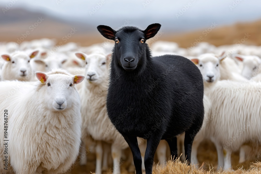 Fototapeta premium Black sheep standing out among white flock
