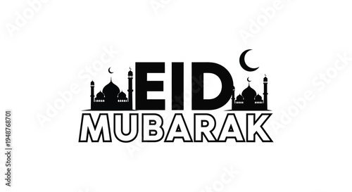 A striking eid mubarak graphic featuring a mosque skyline and crescent moon silhouette high quality professional