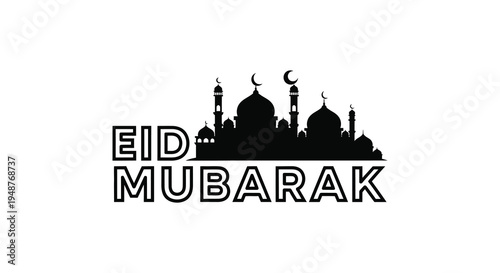 A striking eid mubarak graphic with a detailed mosque skyline in black silhouette high quality professional