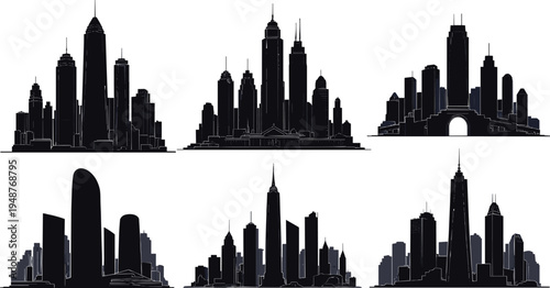 Silhouettes of diverse city skylines featuring skyscrapers, towers, urban architecture, metropolitan buildings, modern cityscape, skyline collection vector illustration artwork design