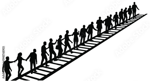 A long line of people silhouettes walking up a staircase, symbolizing progress, unity, and teamwork