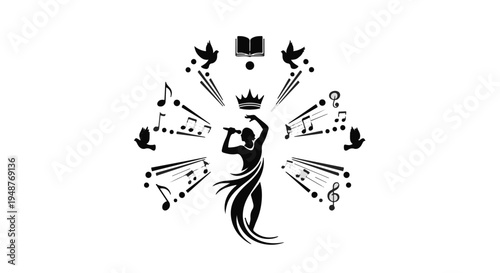 Artistic silhouette of a musician playing a flute with musical notes, doves, and a crown emblem