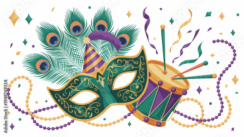 Mardi gras mask and drum with colorful feathers beads and confetti on white background for carnival celebration