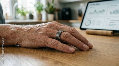 Macro shot of senior hand wearing smart ring for advanced health monitoring at home