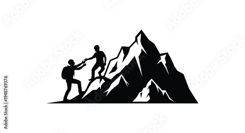 Two climbers assisting each other on a steep mountain peak a striking silhouette high quality professional