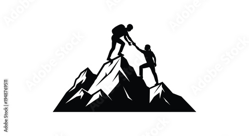 A helping hand extends upwards towards another person on a mountain peak silhouette high quality professional