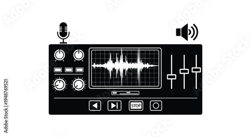 A black graphic depicting audio equipment with a waveform display and controls silhouette high quality professional