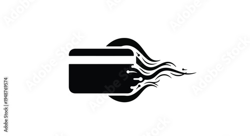 Dynamic black credit card icon with a blazing speed trail, symbolizing rapid financial transactions, swift payments, and efficient digital commerce solutions