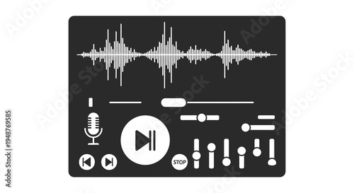 A stark black interface displays audio waveforms controls and a microphone a bold silhouette high quality