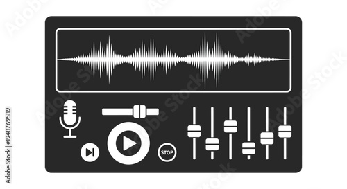 A black graphic depicting audio waveform controls a microphone and playback buttons silhouette high quality