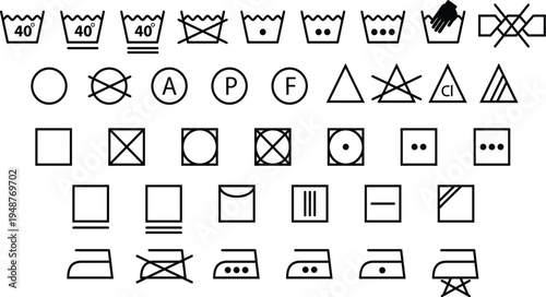 Comprehensive set of black and white laundry care symbols for garment washing, drying, ironing, and bleaching instructions, clothing labels, textile care, dry cleaning