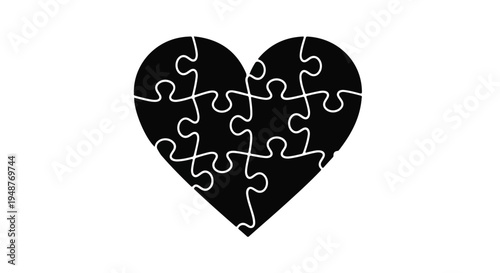 A black heart-shaped jigsaw puzzle symbolizing love, connection, and unity, perfect for representing relationships and emotional bonds