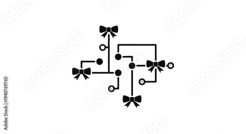 Modern graphic depicting interconnected nodes adorned with elegant bows, creating a unique blend of festive decoration and conceptual digital pathways in a clean black and white style