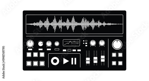 A black and white graphic depicting a music synthesizer interface a modern tech illustration silhouette