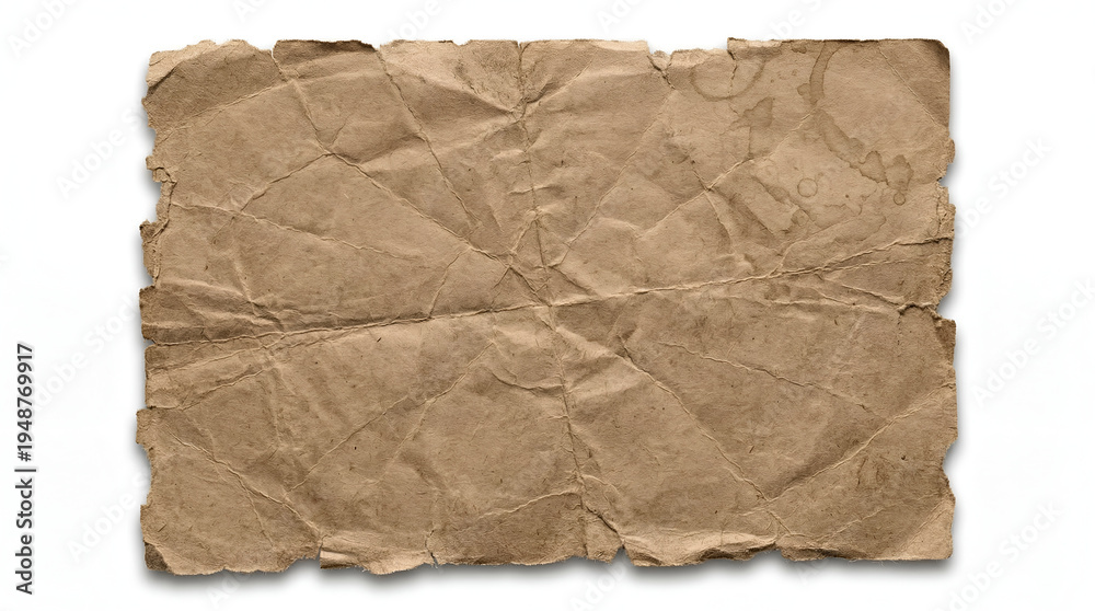 Fototapeta premium A rectangular piece of aged brown kraft paper, heavily crumpled and featuring uneven, rough torn edges, isolated against a pristine white background.
