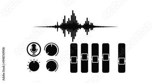 Minimalist audio equipment design featuring waveform and controls presented as a dark silhouette high quality professional