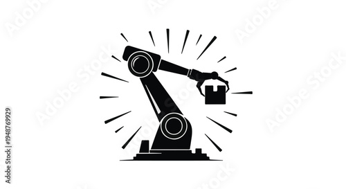 Stylized black and white graphic of an industrial robotic arm holding a box, symbolizing factory automation, smart manufacturing, and technological progress