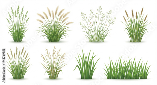 Collection of realistic green grass clumps. Diverse botanical elements for natural landscape designs