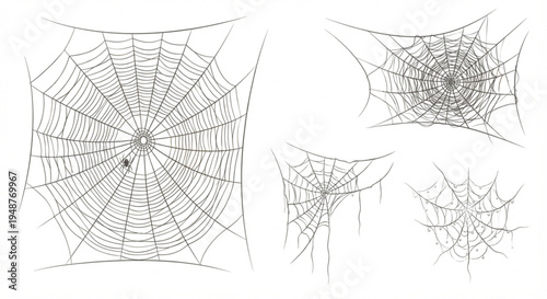 Collection of intricate spiderwebs with a small spider on one, illustrating delicate nature's artwork