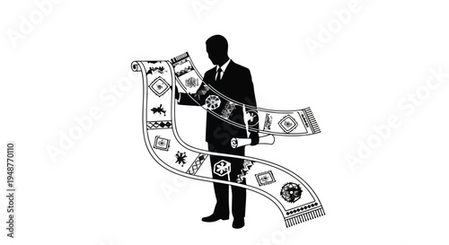 A businessman proudly displays a long, decorative banner featuring various animal symbols, showcasing tradition and heritage with a sense of accomplishment