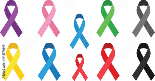 Awareness Ribbon Icon Set with Different Colors for Health Causes, Charity, and Social Movements Support Symbols