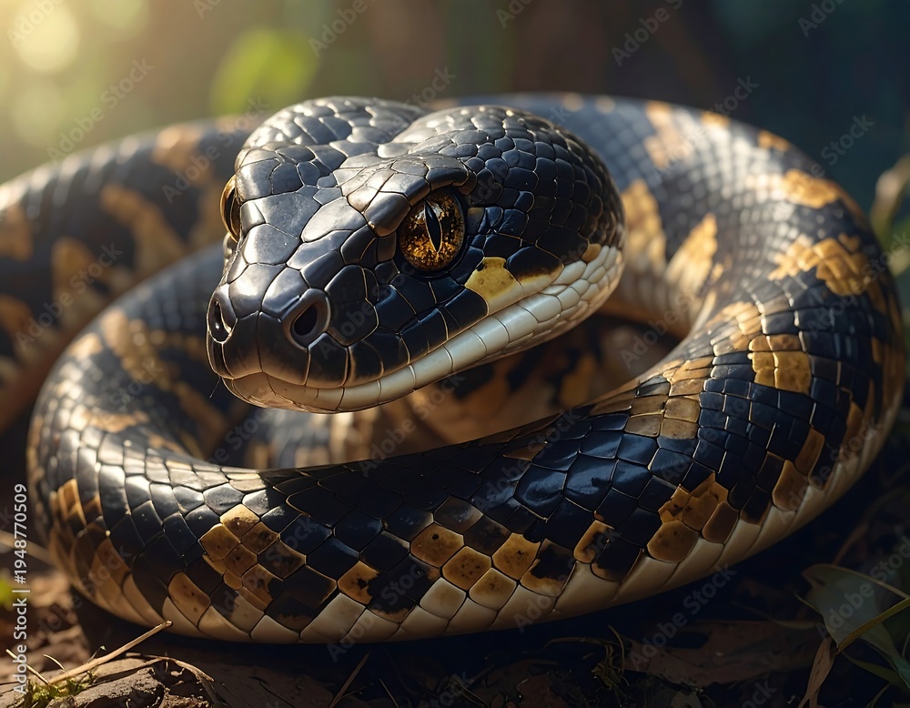 Fototapeta premium A coiled snake with black and gold scales