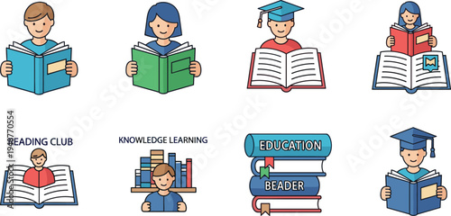 Education and Reading Icon Set with Students, Books, Graduation Caps, Knowledge Learning and Library Symbols for Academic, School and Study Design