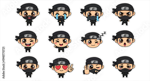 Cute Ninja Character Sticker Set Vector, Kawaii Warrior Mascot Emoji Pack, Cartoon Shinobi Emotes