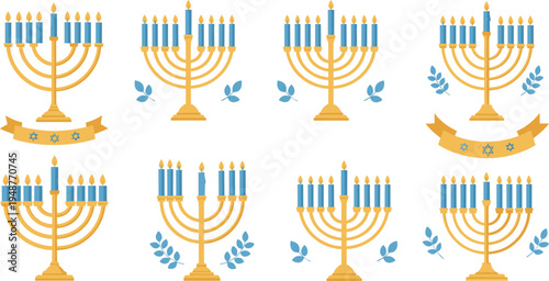 Hanukkah Menorah Icon Set with Candles, Stars of David, Blue and Gold Decorations for Jewish Festival, Celebration, and Religious Symbol Design
