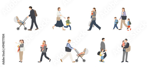 子どもと通勤する働く親の人物イラストセット