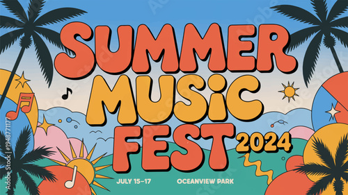 Vibrant summer music festival poster with palm trees and colorful beach background