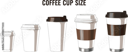 Coffee cup size comparison vector illustration with different takeaway cups and lids showing small medium large cafe beverage container set