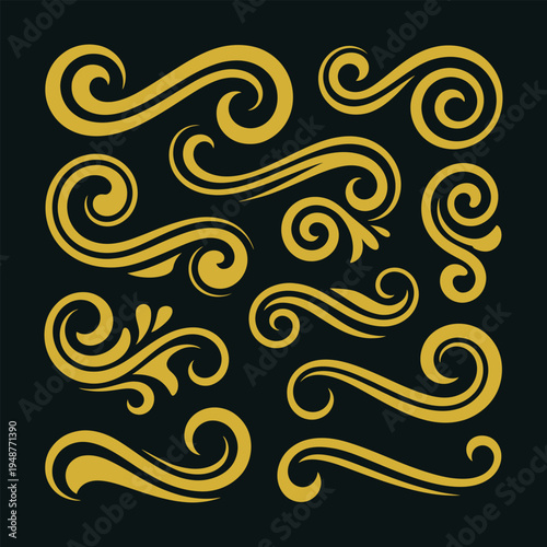Golden vintage swirl flourish ornament vector set on dark background, ai generated