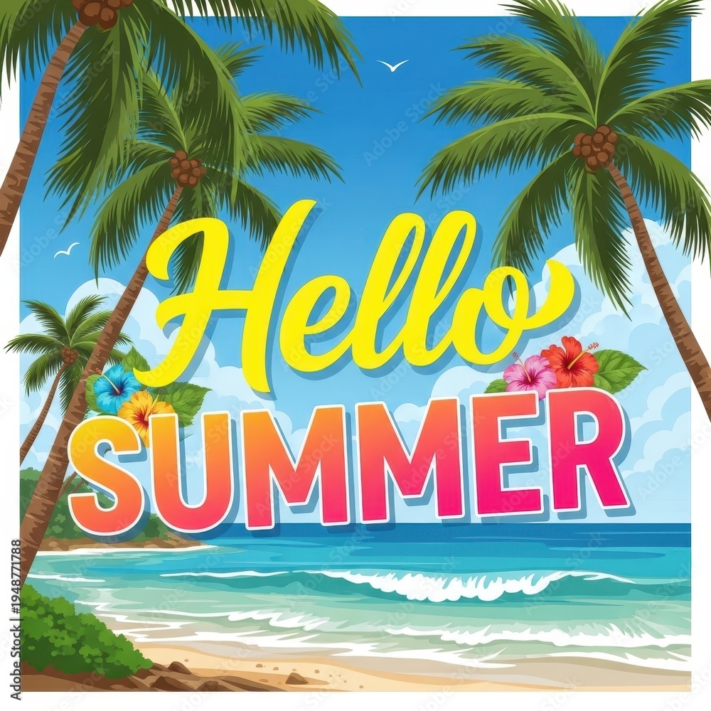 Obraz premium Vibrant Hello Summer beach scene with tropical palm trees.