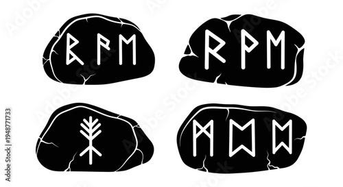 Ancient Runes on Black Stones: Norse Symbols, Viking Alphabet, Esoteric Glyphs