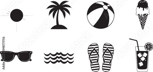Set of 8 summer icons vector, black and white