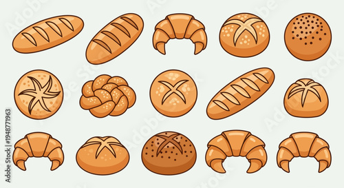 Assorted Baked Goods Collection: Croissants, Baguettes, and Breads - Top View