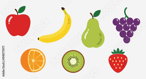 Assorted Fresh Fruits Collection: Apple, Banana, Pear, Grapes, Orange, Kiwi, Strawberry