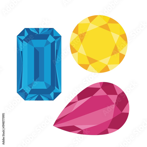 Assortment of Colorful Gemstones: Blue Emerald Cut, Yellow Round, Pink Pear Shape